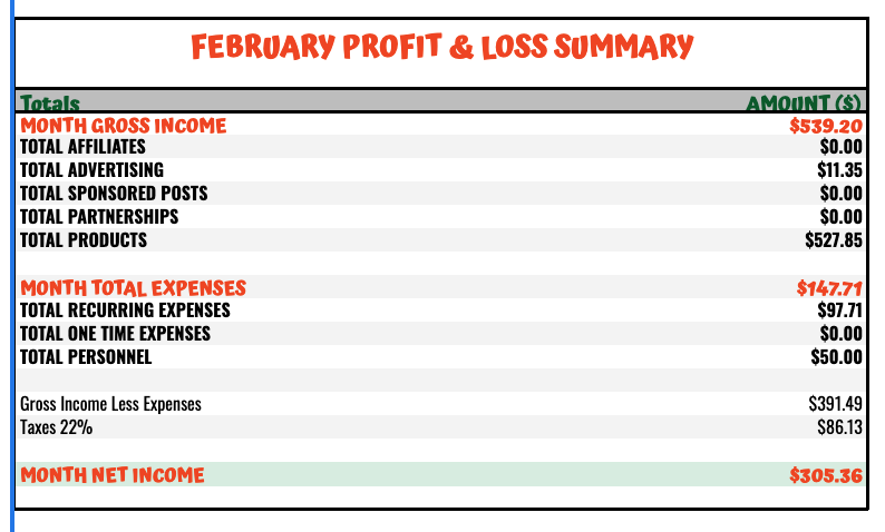 Blogging Money Life February Blogging Income Report Profit and Loss Summary  