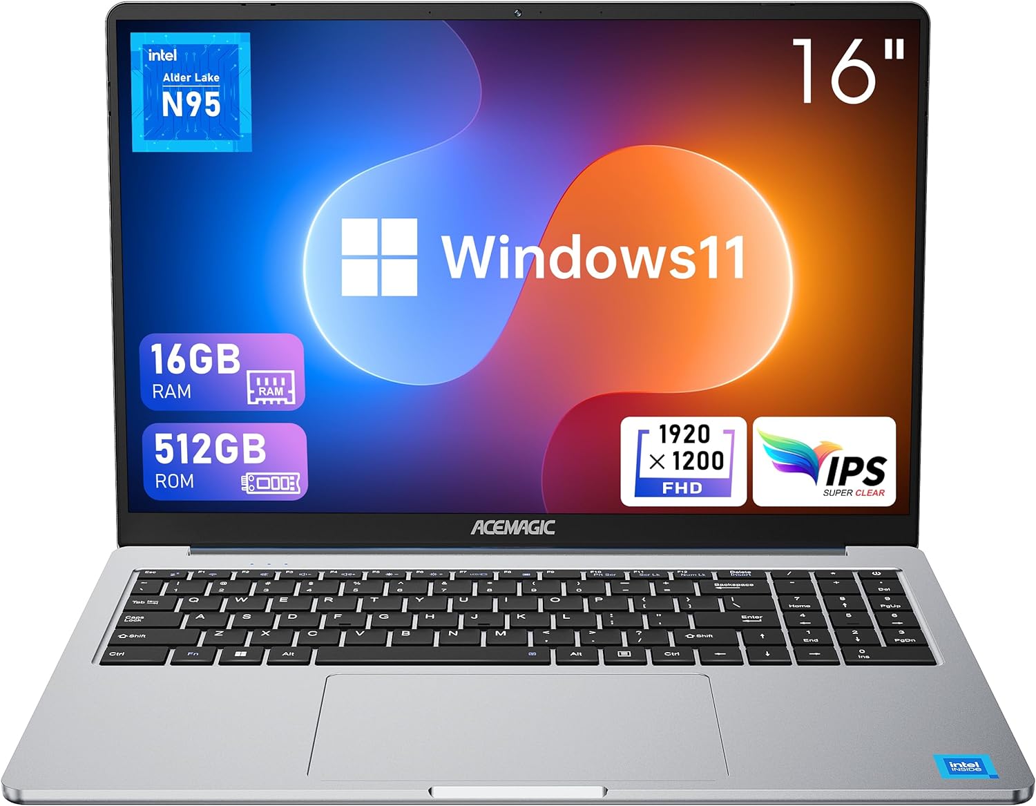 ACEMAGIC Laptop 16 inch FHD Display, 16GB RAM 512GB ROM with Intel 12th Gen Alder Lake N95(4C/4T, Up to 3.4GHz) Laptop Computer Support WiFi, BT5.0, Webcam, 3*USB3.2, Type-C
