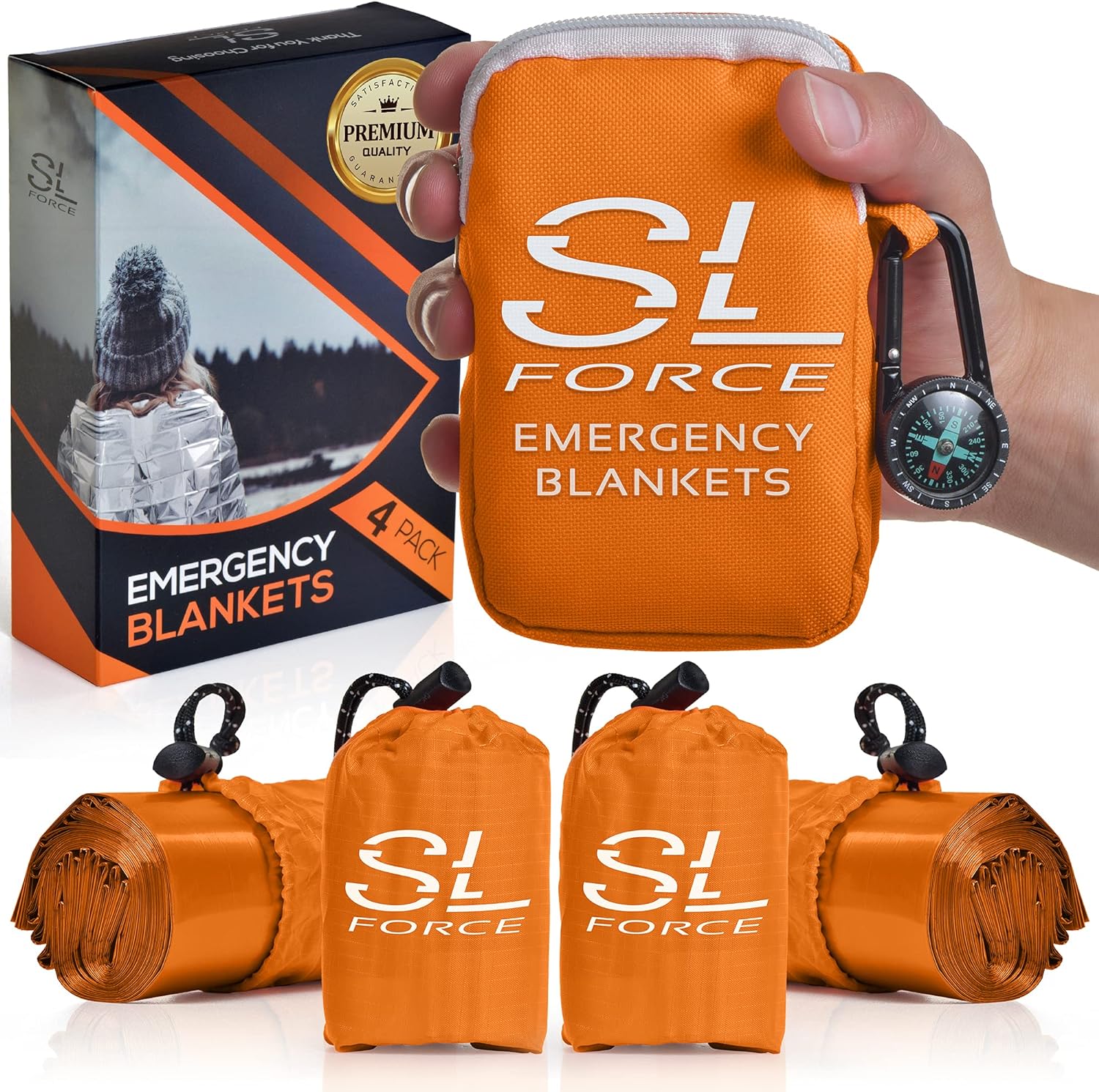 SLFORCE Emergency Blankets for Survival, 4 Pack of Gigantic Space Blanket. Comes with Four Extra-Large Mylar Blankets, Compass, and Zipper Bag. The Best Thermal Space Blankets (4, Orange, Extra Large)