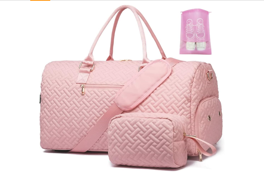 Duffle Bag for Travel, Weekender Bag with Shoe Compartment, Carry On Overnight Bag for Women with Toiletry Bag, 50L Gym Bag with Wet Pocket, Hospital Bags for Labor and Delivery Pink