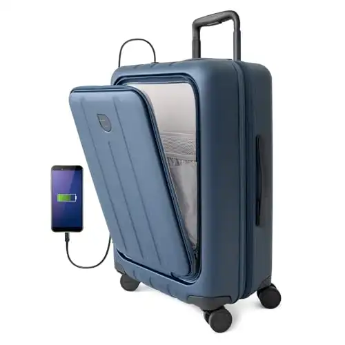 Aerotrunk Airline Approved Carry On Luggage with Front Pocket - Premium Hard Shell Expandable Suitcase with Spinner Wheels, TSA Lock - Carry-on 23" Blue