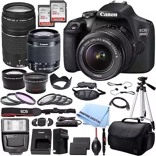Black Canon EOS 2000D Rebel T7 DSLR Camera with EF-S 18 55mm DC III and 75 300mm III Lenses canon2000D32gb w Inspire Digital Cloth (Renewed)
